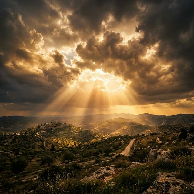 Divine light breaking through clouds over a vast landscape